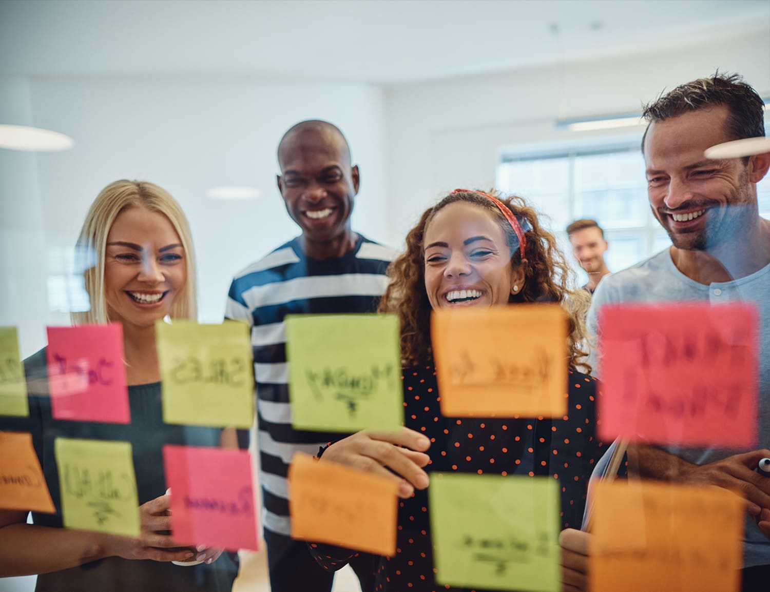 Smiling team looking at sticky notes on window