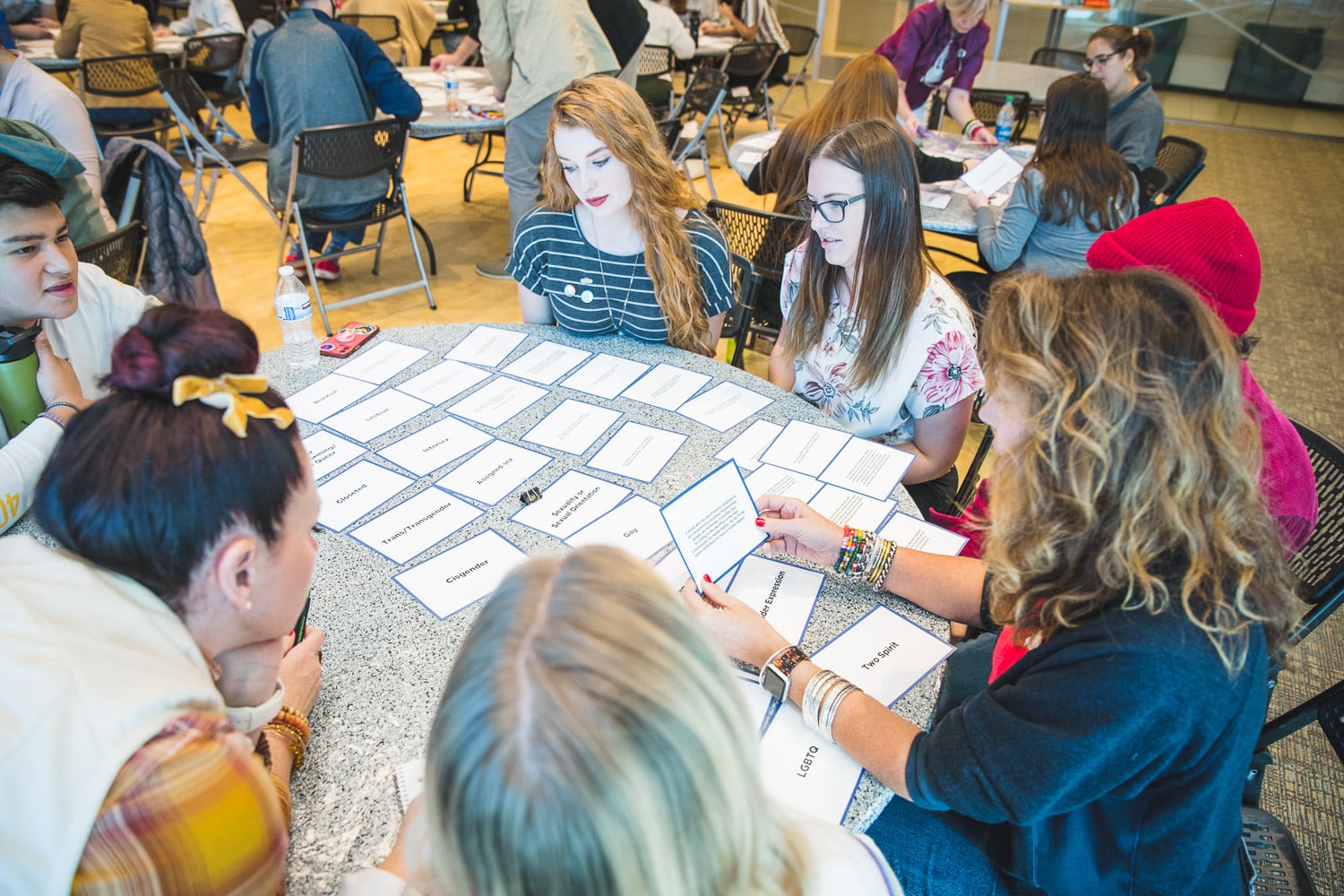 Students sitting around a table looking at flash cards